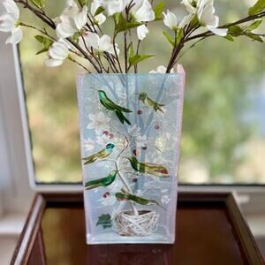 Fringe Studio Vintage Hummingbird Glass Vase Pink Blue Art Glass 12”